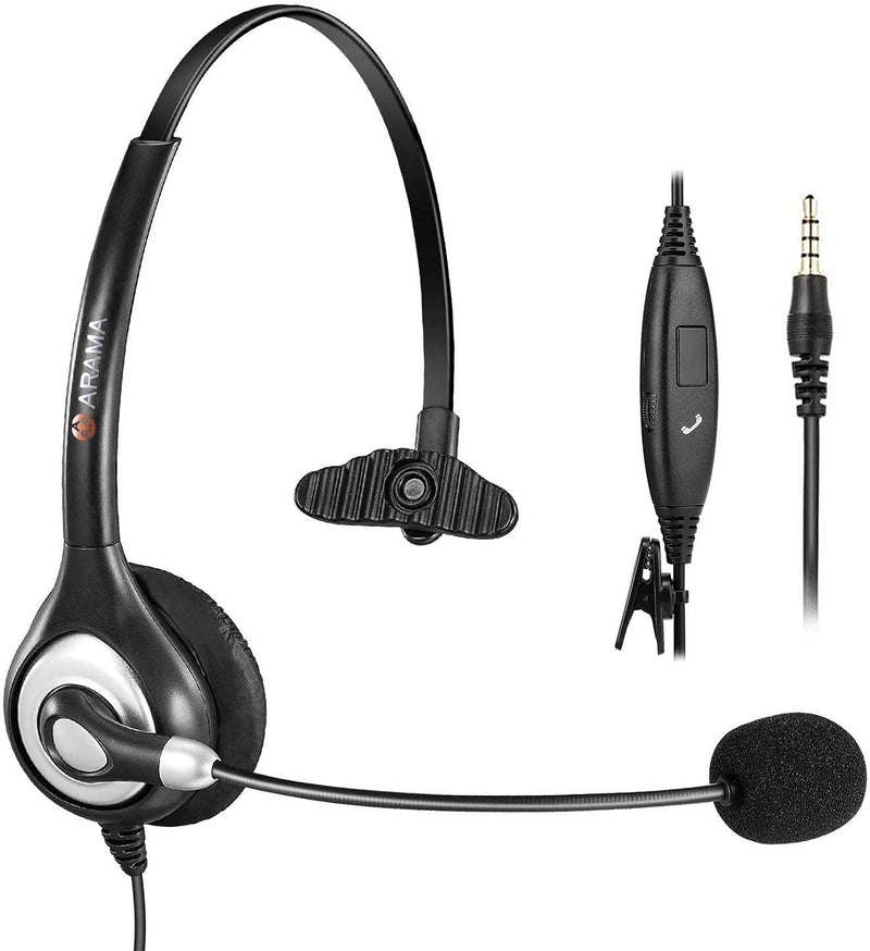 Arama Cell Phone Headset with Microphone Noise Cancelling & Call Controls 3.5mm Computer Headphone for iPhone, Android, Laptop, PC, Call Center Office, Business Skype Softphone Mono-A600