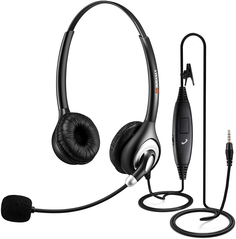 Arama Cell Phone Headset w/Lightweight Secure-Fit Headband, Pro Noise Canceling Mic and in-line Controls 3.5mm Headset for iPhone, Samsung, LG, HTC, BlackBerry Mobile Phone and iPad Tablets (A602MP) Binaural-A600