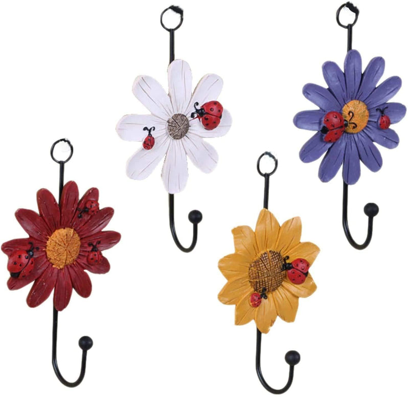 Creative Daisy Resin Wall Hooks Wall Mounted Art Flower Iron Hook Hand-painted Hanging Coat / Hat /Key/ Towel Hooks Home Decoration(Set of 4)