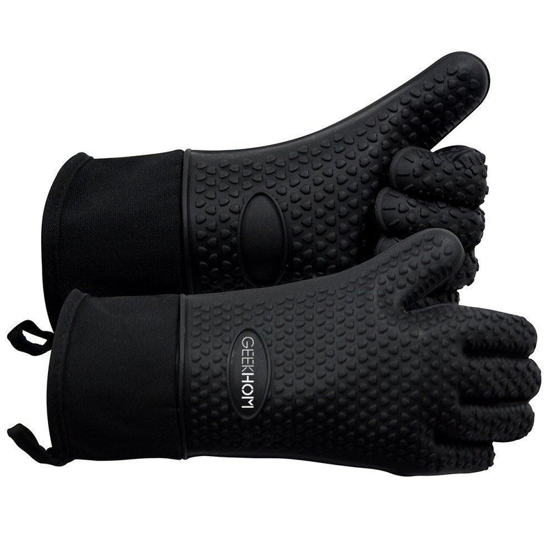 GEEKHOM Grilling Gloves, Heat Resistant Gloves BBQ Kitchen Silicone Oven Mitts, Long Waterproof Non-Slip Potholder for Barbecue, Cooking, Baking (Black) One Size Fits Most Black