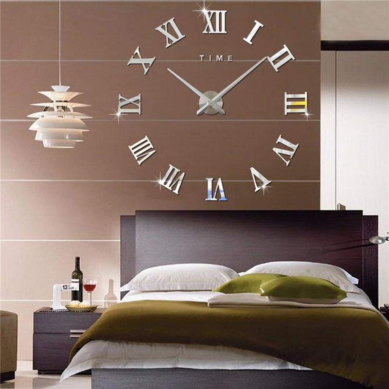 3D DIY Mirror Surface Wall Clocks Room Decorative Wall Watches (Silver) Silver