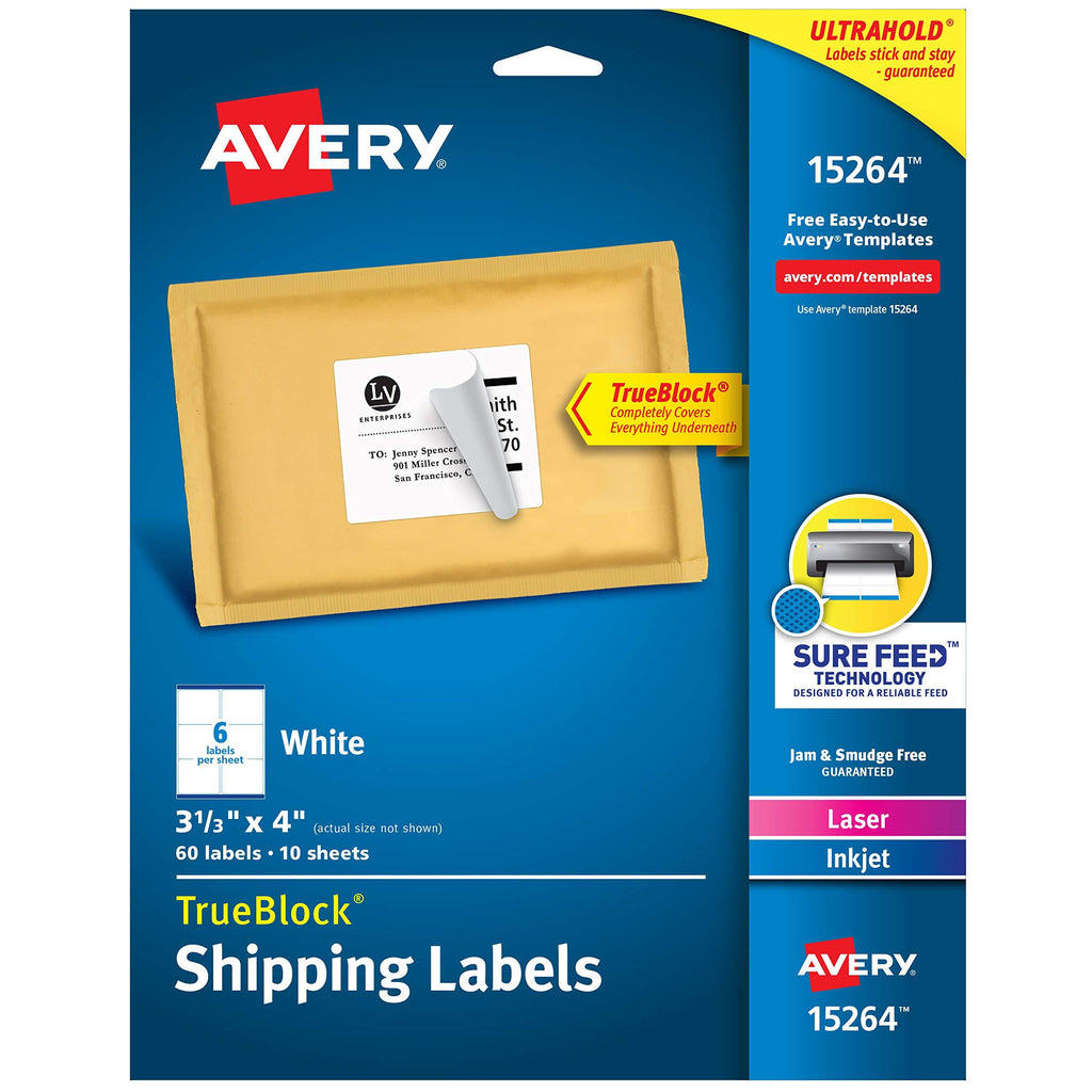 Avery Shipping Address Labels, Laser & Inkjet Printers, 60 Labels, 3-1/3x4 Labels, Permanent Adhesive (15264)