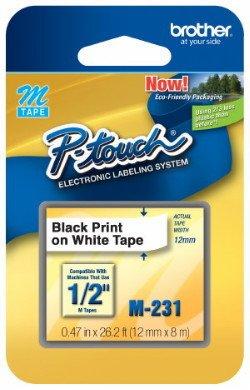 1/2" (12mm) Black on White P-Touch M Tape for Brother PT-65, PT65 Label Maker