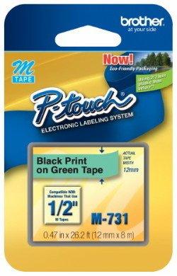 1/2" (12mm) Black on Green P-Touch M Tape for Brother PT-65, PT65 Label Maker