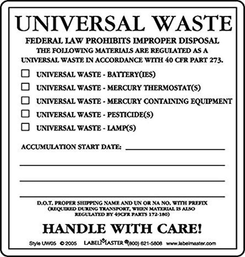 Labelmaster UW05 Universal Waste Label, PVC-Free Film Stock (Pack of 100)