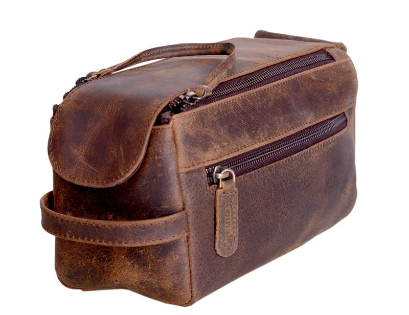 KOMALC Premium Buffalo Leather Unisex Toiletry Bag Travel Dopp Kit Distressed Tan