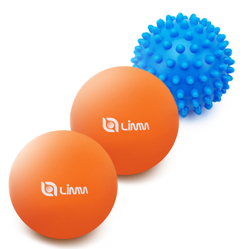 Limm Massage Ball Set - Spiky & Lacrosse Ball - Massage Ball Therapy for Plantar Fasciitis & Pain Relief - Deep Tissue Trigger Point Myofascial Release Ball for Back, Foot, Shoulder & Neck Pain One Blue Spiky & Two Orange Balls