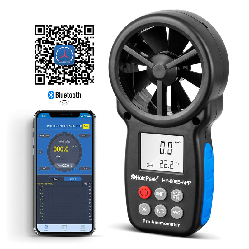 HOLDPEAK HP-866B-APP Digital Anemometer Handheld Vane Wind Speed Meter, APP Connect for Measuring Wind Speed, Temperature, Wind Chill with Backlight (Black) 1