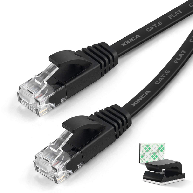Cat6 Ethernet Cable 25 ft Black Gigabit Flat Network LAN Cable with 10 pcs Cable Clips Snagless Rj45 Connectors for Computer/Modem/Router/X-Box Faster Than Cat5e/Cat5 - XINCA E.25ft-black