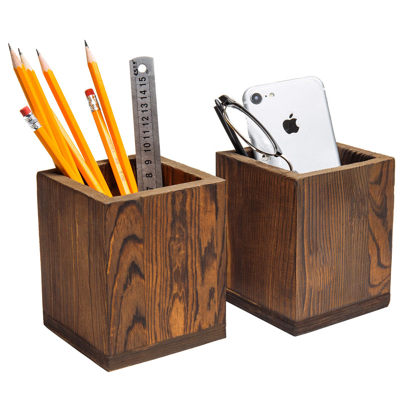 MyGift Dark Brown Natural Wood Pen & Pencil Holder Cups, Desktop Office Organizer, Small Storage Caddy Box Set of 2