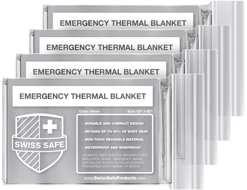Swiss Safe Emergency Mylar Thermal Blankets + Bonus Gold Foil Space Blanket. Designed for NASA, Outdoors, Survival, First Aid, Silver, 4 Pack