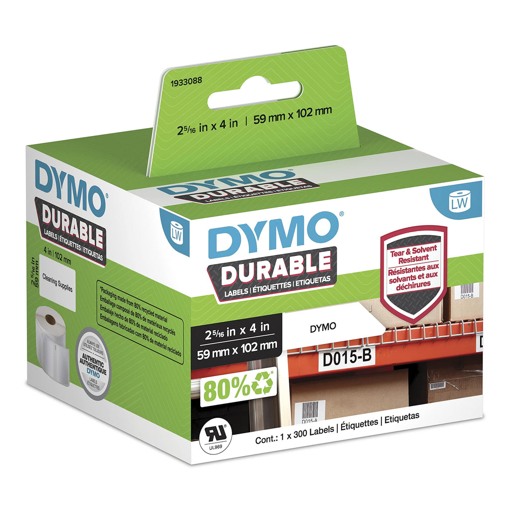 DYMO LW Durable Industrial Labels for LabelWriter Label Printers, White Poly, 2-5/16” x 4”, Roll of 300 (1933088)