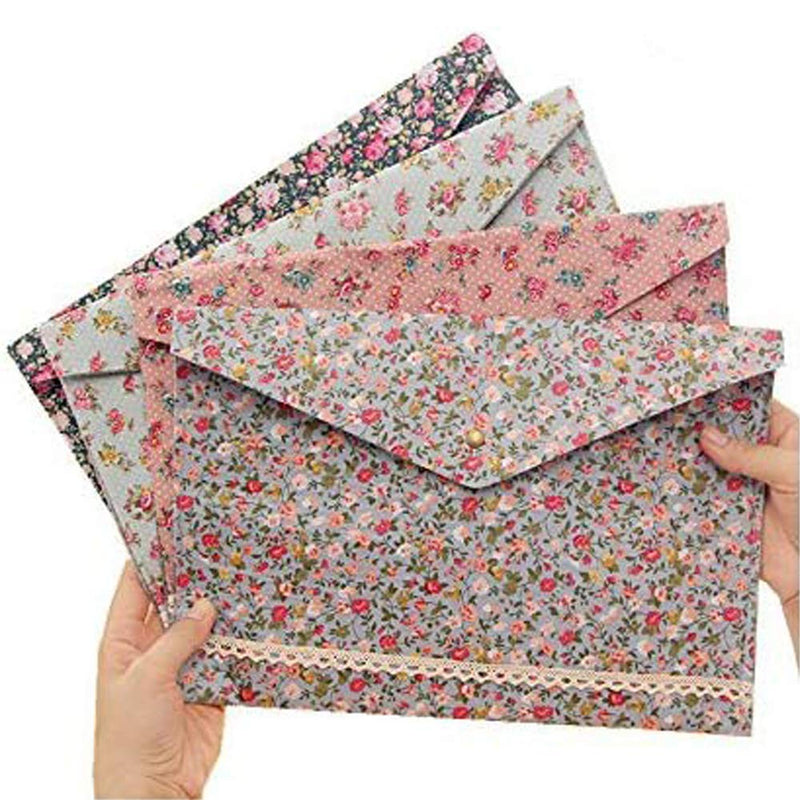 Funnylive 4 Pcs;Individualized Felt A4 Size Floral Pattern Document Folder with Snap Button Office Document Cash Coin Stationery Storage Organizer