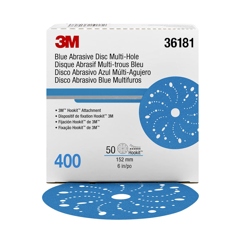 Hookit 3M Blue Abrasive Discs 36181, Multi-Hole, Primer Sanding, E-Coat Sanding, Paint Preparation, 6 in, 400 Grade, 50 Discs/Carton, One Size