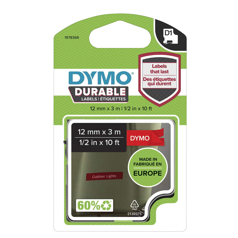 DYMO D1 Durable Labeling Tape for LabelManager Label Makers, White Print on Red Tape, 1/2" W x 10' L, 1 Cartridge (1978366), DYMO Authentic