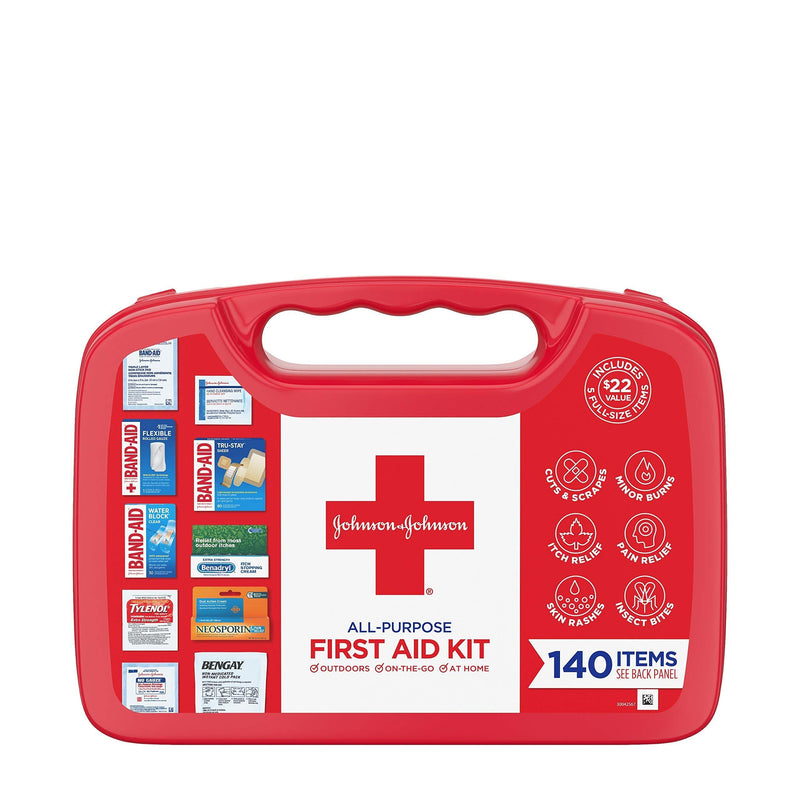 Johnson & Johnson All-Purpose Portable Compact First Aid Kit for Minor Cuts, Scrapes, Sprains & Burns, Ideal for Home, Car, Travel and Outdoor Emergencies, 140 Pieces 140 Piece Set