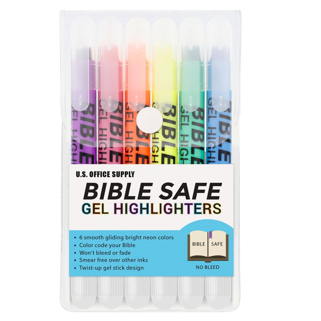 U.S. Office Supply Bible Safe Gel Highlighters, 6 Pack Set - 6 Different Bright Neon Fluorescent Highlight Colors Yellow, Orange, Pink, Purple, Green, Blue - Won't Bleed, Fade or Smear - Study Guide Pack of 6