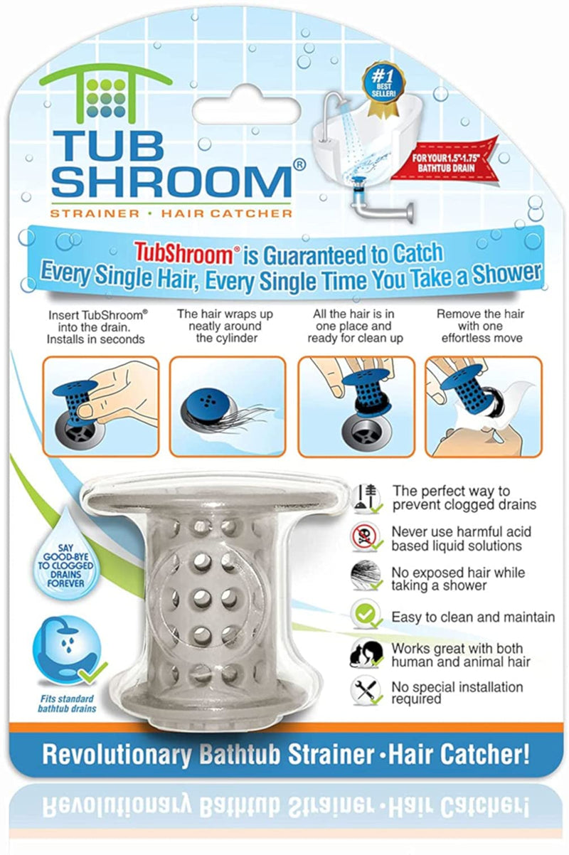 TubShroom Tub Hair Catcher Drain Protector, Fits 1.5"-1.75", Gray