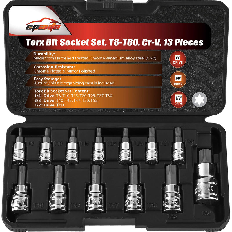 EPAuto Torx Bit Socket Set, Star Socket T8-T60, Cr-V, 13 Pieces