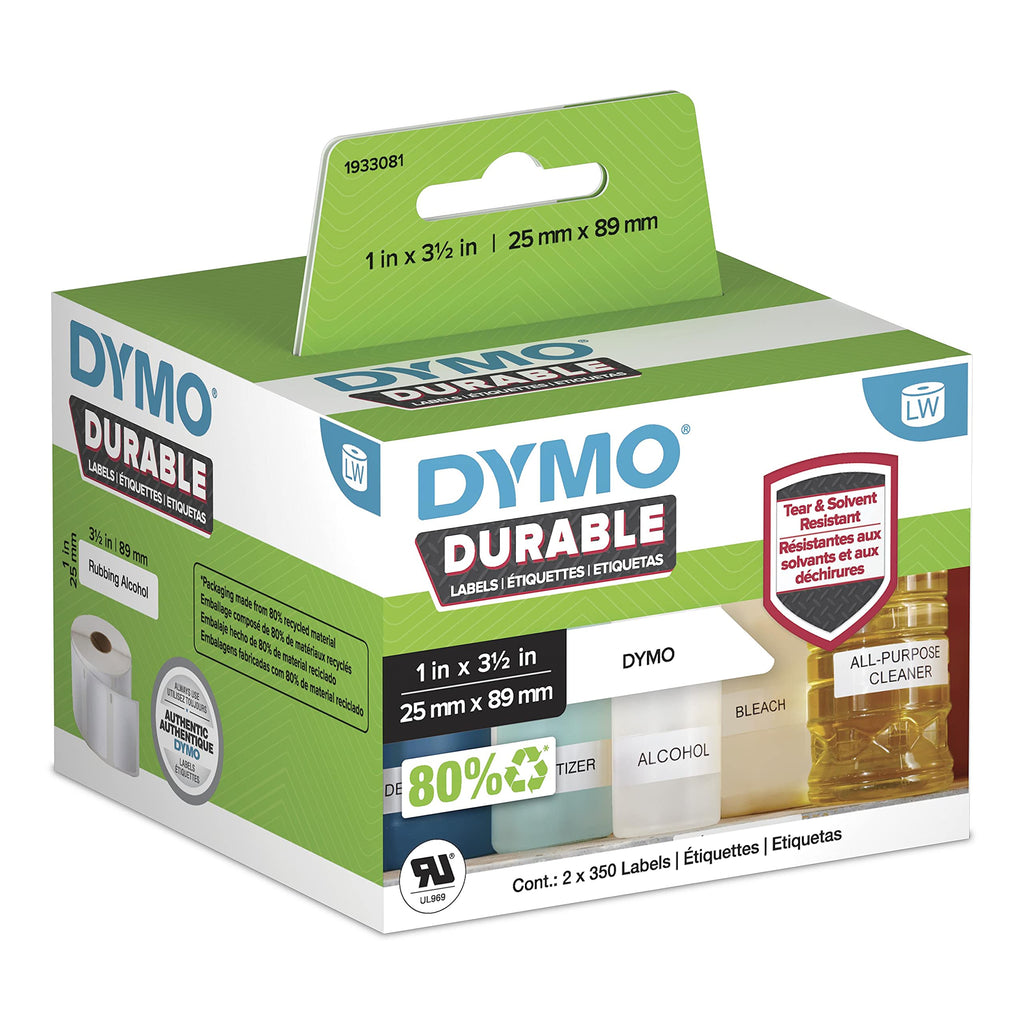 DYMO LW Durable Industrial Labels for LabelWriter Label Printers, White Poly, 1” x 3-1/2”, 2 Rolls of 350 (1933081)