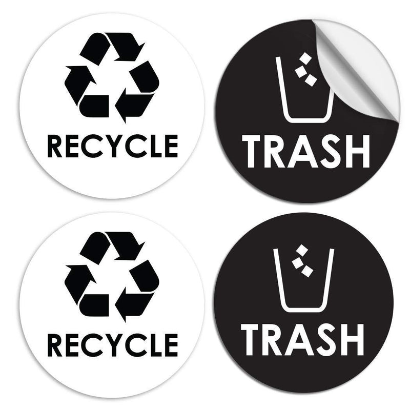 Recycle Trash Bin Logo Sticker - 4" x 4" - Organize & Coordinate Garbage Waste from Recycling - Great for Metal Aluminum Steel or Plastic Trash Cans - Indoor & Outdoor - Use at Home Kitchen & Office (4 Pack) White/Black