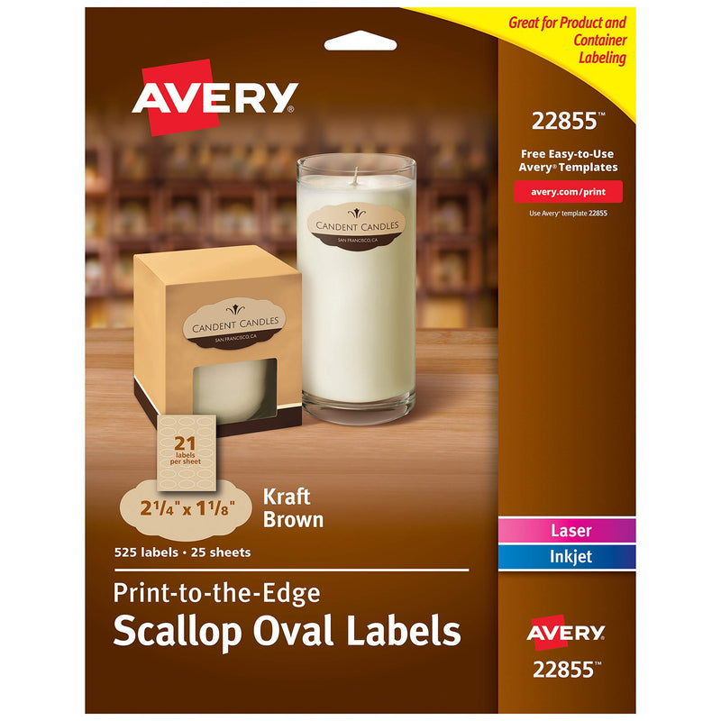 Avery Scallop Oval Labels for Laser & Inkjet Printers, 2-1/4" x 1-1/8", 525 Kraft Brown Labels (22855) (Packaging May Vary) 1-Pack