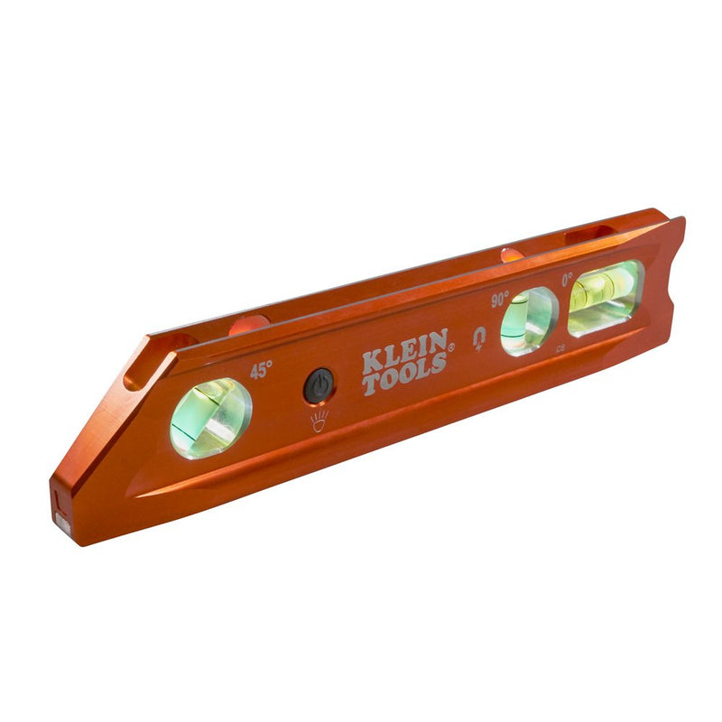 Klein Tools 935RBLT Level, 9-Inch Lighted Torpedo Level with Magnet, 3 Vials and V-Groove, Water and Impact Resistant, For Conduit Bending