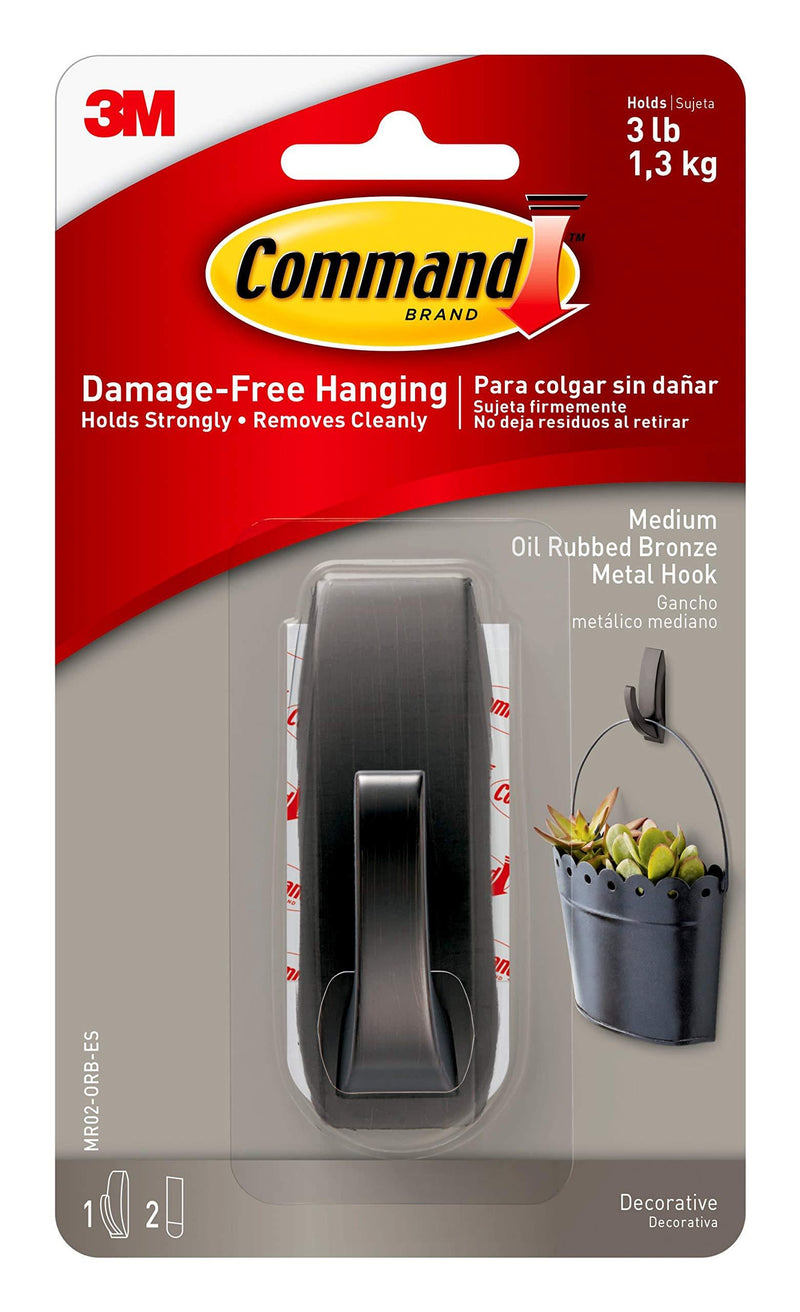 Command Medium Modern Reflections Metal Hook, Oil Rubbed Bronze, 1-Hook, 2-Strips, Decorate Damage-Free Oil-Rubbed Bronze