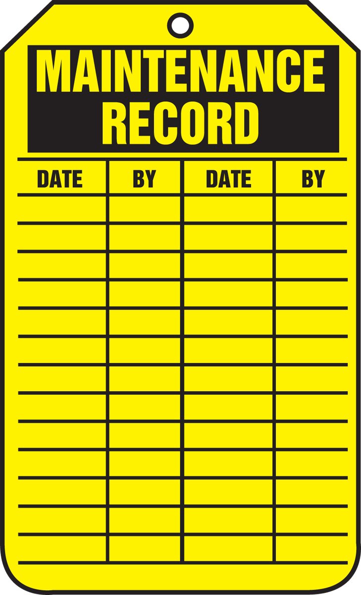 Accuform TRS309PTM RP-Plastic Inspection & Status Record Tag, Legend"Maintenance Record", 5.75" Length x 3.25" Width x 0.015" Thickness, Black on Yellow (Pack of 5)