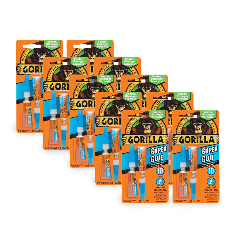 Gorilla Super Glue, Two 3 Gram Tubes, Clear, (Pack of 10)
