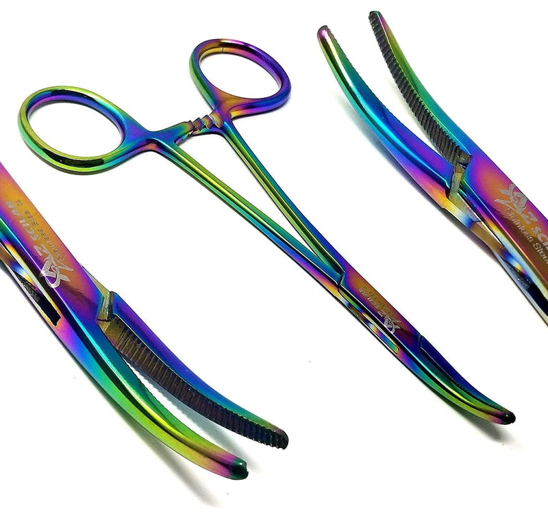 Hemostat Locking Forceps 5" Curved with Full Serrated Jaws Ideal for Clamping, Fishing, Firefighters Nurses Doctors + More (Rainbow) Rainbow