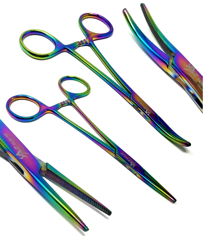 Set of 2 Multi Color Rainbow Mosquito Hemostat Forceps 5" Straight & Curved Pliers Stainless Steel (A2ZSCILAB Brand)