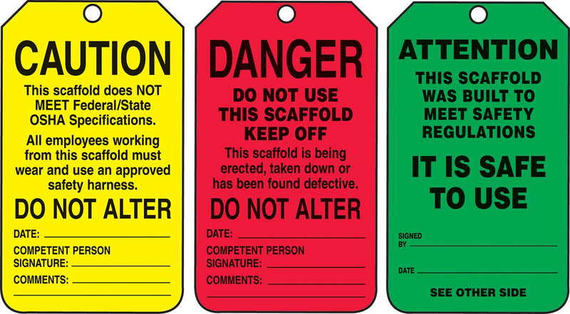 Accuform"Danger/Caution/Attention", Pack of 25 PF-Cardstock Scaffold Status Tag, Legend, 5.75" x 3.25", Black on Green/Yellow/Red, TSS200CTP 25 Pack