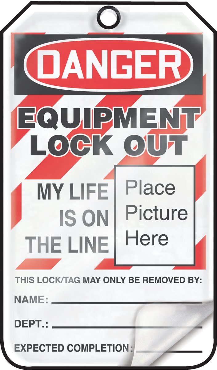 Accuform Lockout Tags, Pack of 5, Danger Equipment Lock Out My Life is on The Line with Picture Insert, Temperature & Water Resistant Self-Laminating RP-Plastic with Grommets