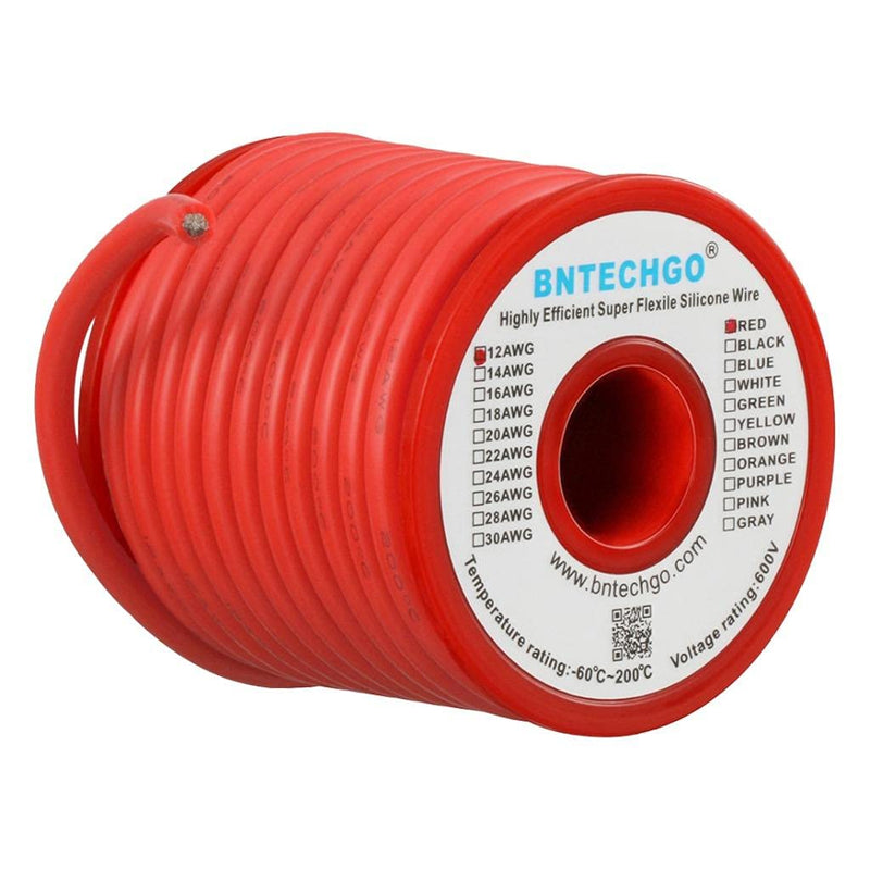 BNTECHGO 12 Gauge Silicone Wire Spool 25 ft Red Flexible 12 AWG Stranded Tinned Copper Wire silicone wire 25ft silicone wire red