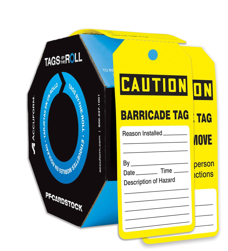 Accuform 100 "Caution Barricade TAG" Tags by-The-Roll, US Made OSHA Compliant Tags, Tear & Water Resistant PF-Cardstock, 6.25" x 3" x 0.01", TAR136 100.0