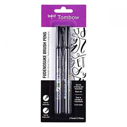 Tombow 62038 Fudenosuke Brush Pen, 2-Pack. Soft and Hard Tip Fudenosuke Brush Pens for Calligraphy and Art Drawings Black