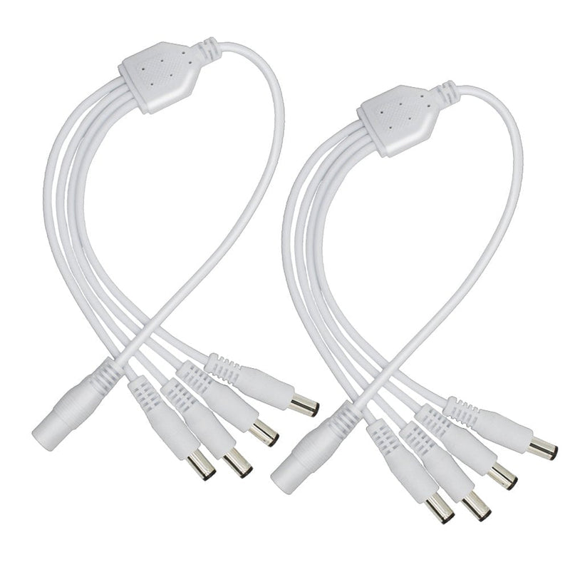 2Pack White 1 Male to 4 Female Way DC Power Splitter Cable Barrel Plug 5.5x2.1mm for CCTV Cameras LED Light Strip and more