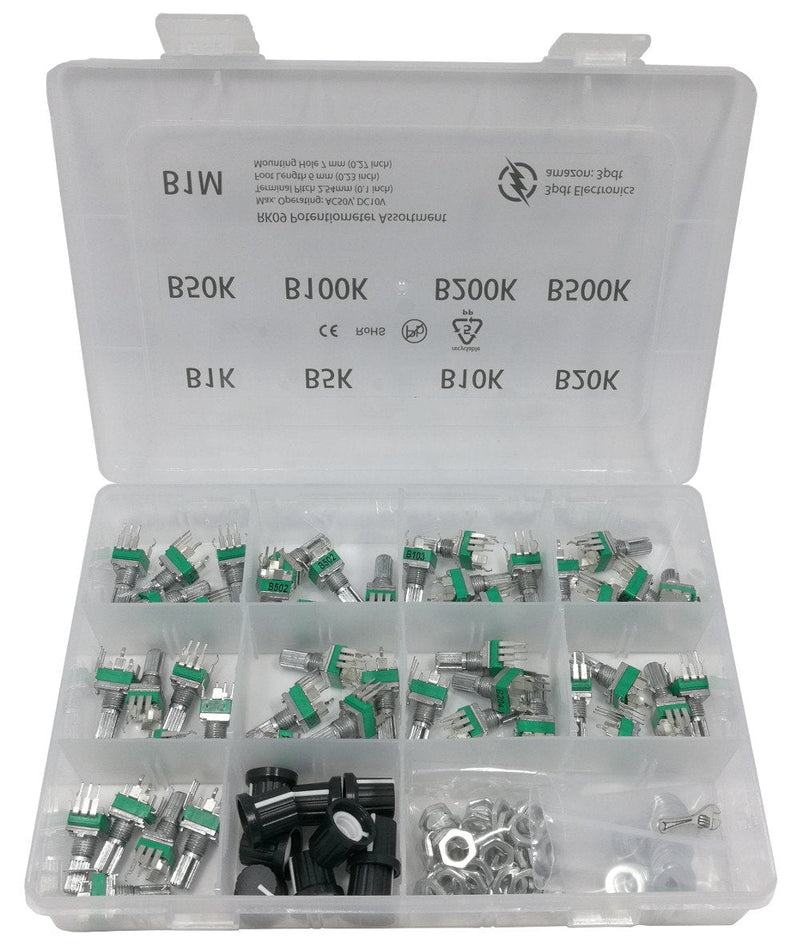 45 pcs Small onboard PCB Potentiometer Assortment 9 Values 1K 5K 10K 20K 50K 100K 200K 500K 1M, Vertical Legs Terminal, 15mm axis, B = Linear