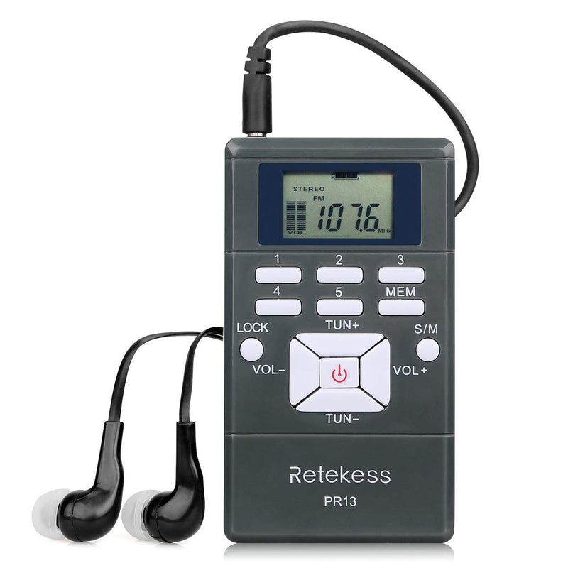 Retekess PR13 Portable FM Radio, Pocket FM Radio Receiver, AAA Battery Powered Personal Mini Stereo Radio with Earphone and Lock Key for Walking, Jogging, Mowing, Church, Tour Guide (Gray)