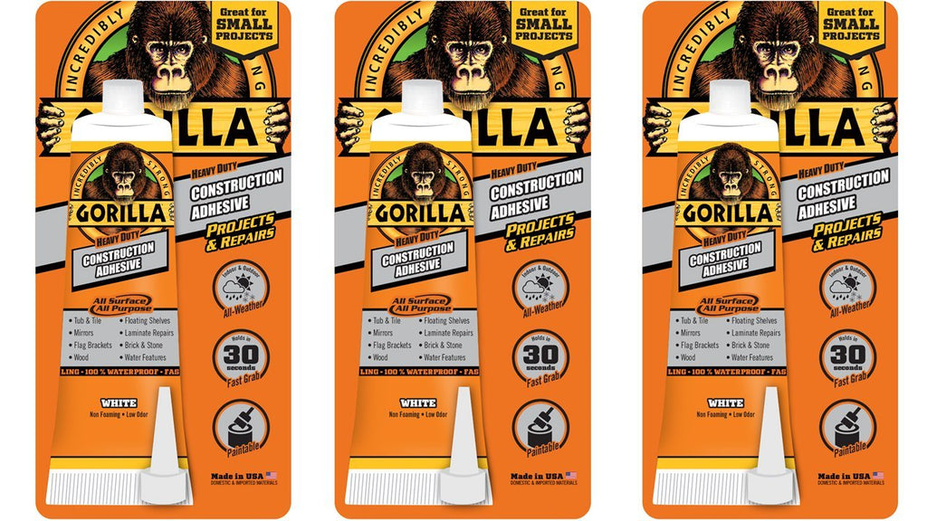 Gorilla Heavy Duty Construction Adhesive, 2.5 ounce Squeeze Tube, White, (Pack of 3)