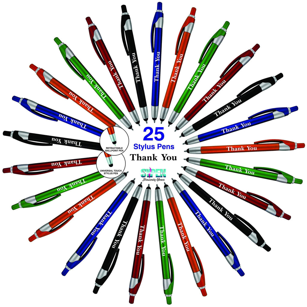 Thank You Greeting Gift Stylus Pens for Touchscreen Devices - 2 in 1 Combo Pen -for Employee Appreciation, Events and Parties, 25 Pack