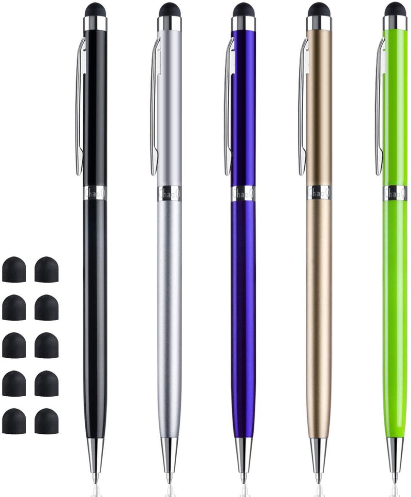 ChaoQ Stylus Pens for Touch Screens (5 Pcs), 2 in 1 Slim Capacitive Stylus Ballpoint Pens (Black Ink), with 10 Replaceable Rubber Tips (Black,Silver,Blue,Gold,Green) black, silver, blue, gold, green