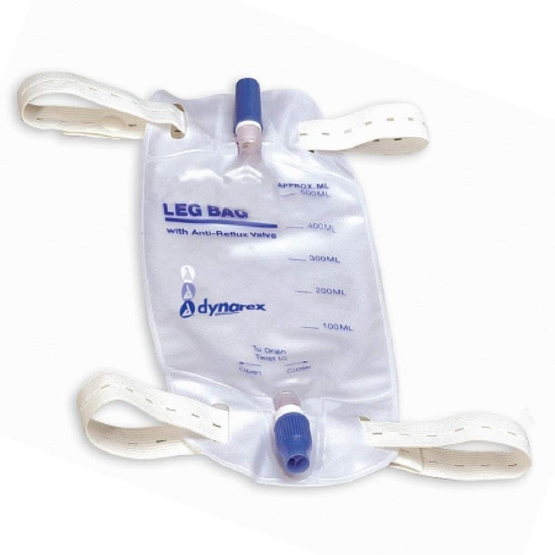 Dynarex Urinary Leg Bag, For Use with a Catheter has a Non-Drip Closure and Anti-Reflux Valve, 600 ml/20 oz capacity, Medium, White, 1 Box of 12