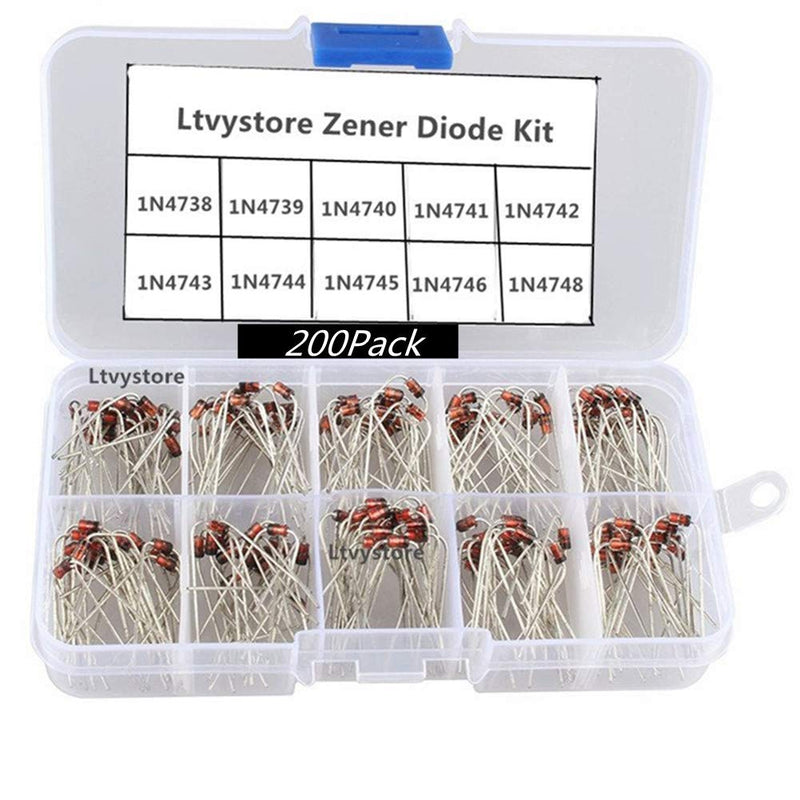 Zener Diodes Kit, 1W Axial Leads Through Hole Power Diode Assorted Assortment Box Kit Set (8.2V/9.1V/10V/11V/12V/13V/15V/16V/18V/22V), Range 1N4738~1N4748,Pack of 200, By Ltvystore