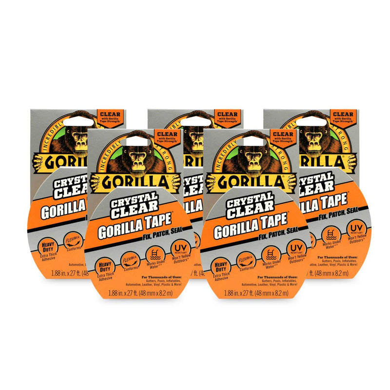 Gorilla Crystal Clear Duct Tape, 1.88" x 9 yd, Clear, (Pack of 5)