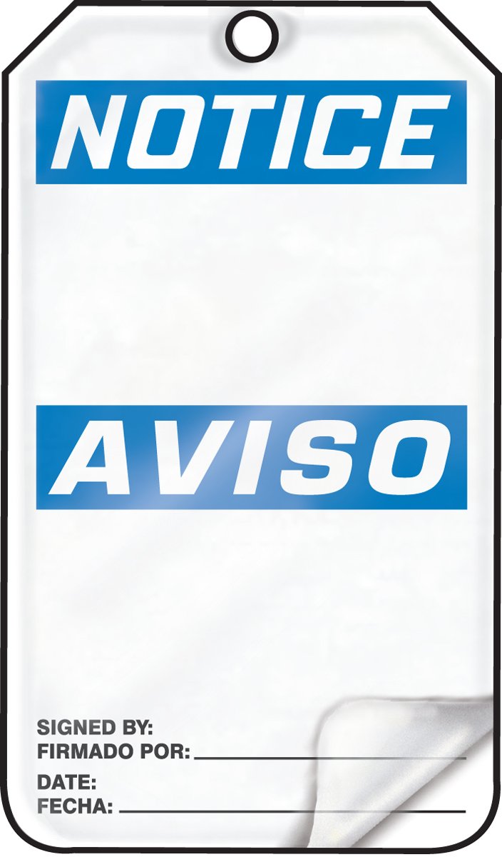 Accuform SBMNT101LTM HS-Laminate Safety Tag, Legend"Notice/Aviso (Blank)", 5.75" Length x 3.25" Width x 0.024" Thickness, Blue/Black on White(Pack of 5)