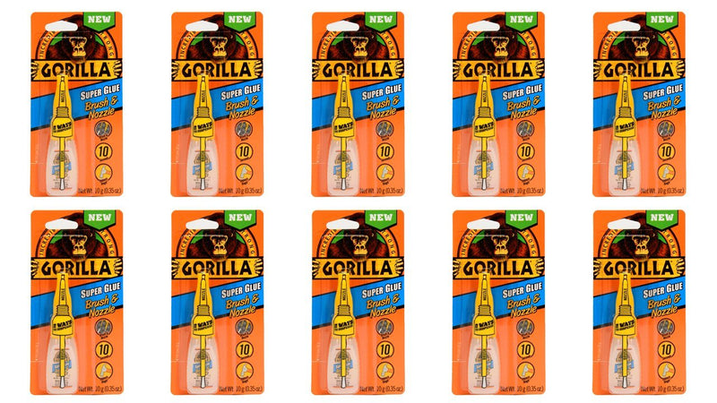 Gorilla Super Glue with Brush & Nozzle Applicator, 12 Gram, Clear, (Pack of 10)