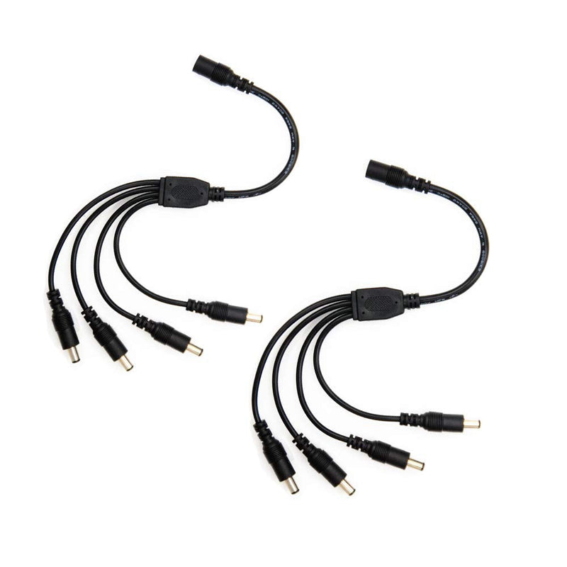 2 Pack Black 1 Female to 4 Male 5.5mm X 2.1mm CCTV DC Power Supply Splitter Cable