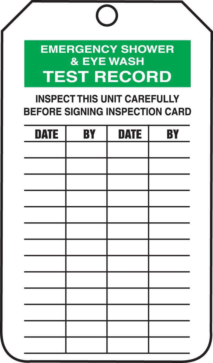 Accuform 25 "Emergency Shower and Eyewash Test Record" Cardstock Mini Tags, 4.25" x 2.13", Green/Black on White, TRM105CTP